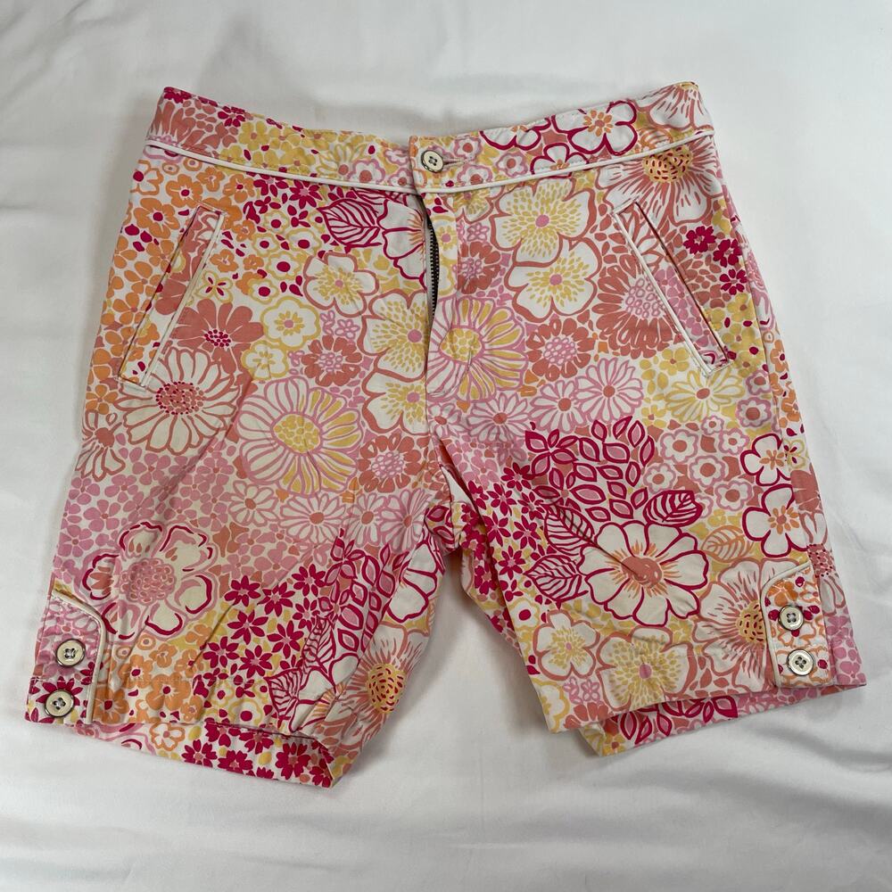 Lands' End Big Girls Size 12 Floral Bermuda Shorts Pink Yellow Chino Cotton